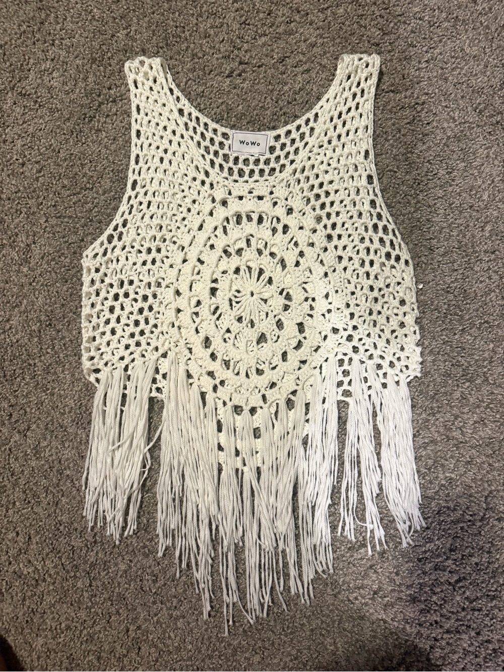 WoWo Ivory Crochet Fringe Tank - Boho Sleeveless Knit